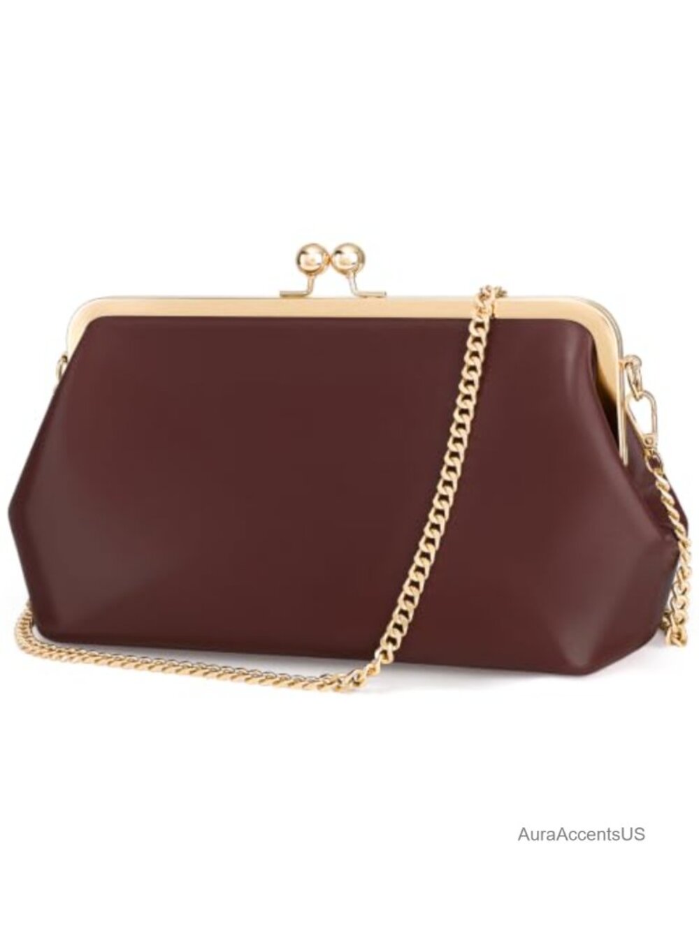 Women's Kiss Lock Evening Clutch Crossbody Bag PU Leather Gold Trim Handbag